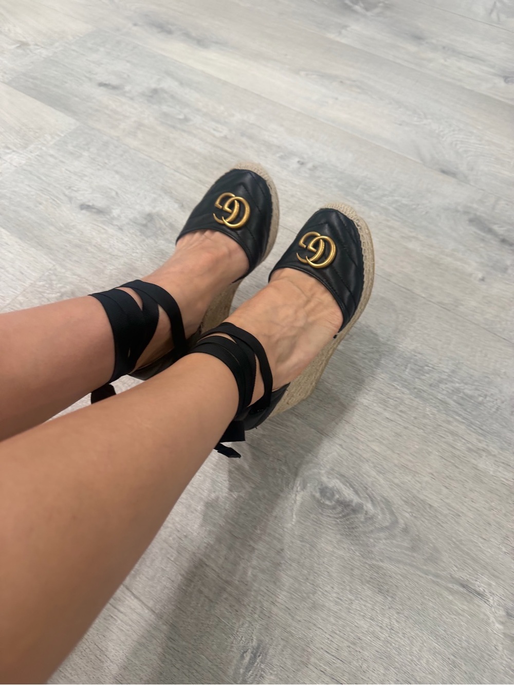 Black Espadrille Wedge Sandals with Gold Accent